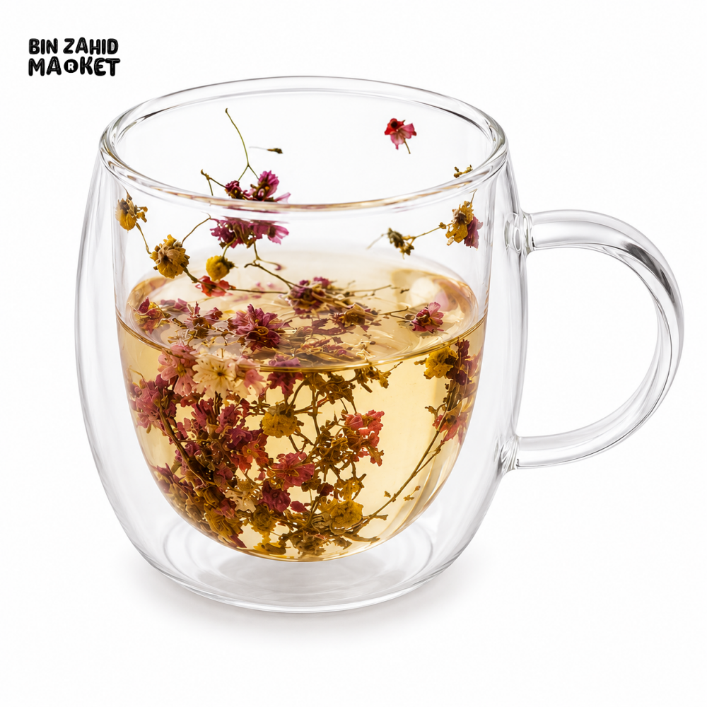 DOUBLE WALL BLOSSOM GLASS TEA MUG -250ML