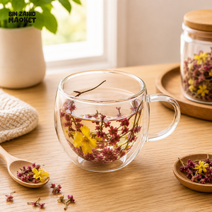 DOUBLE WALL FLORAL GLASS TEA MUG - 250ML