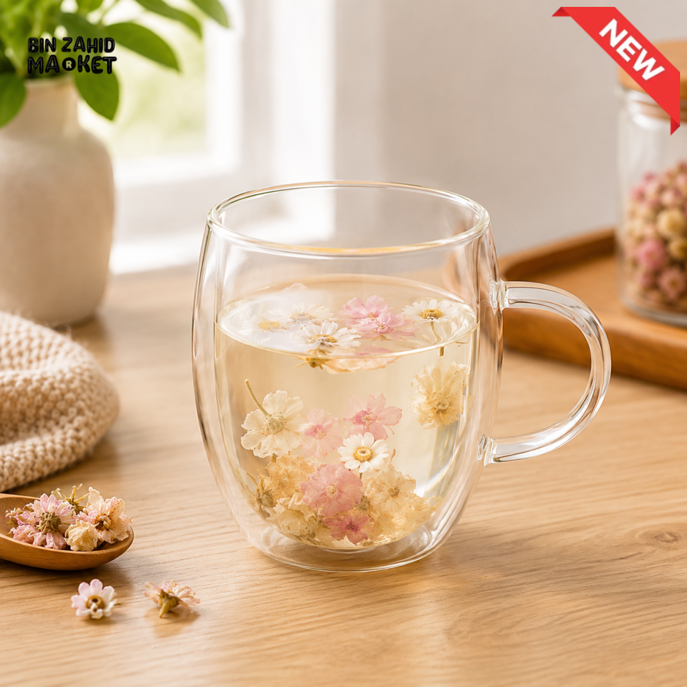 DOUBLE WALL FLORAL GLASS TEA MUG - 350 ML