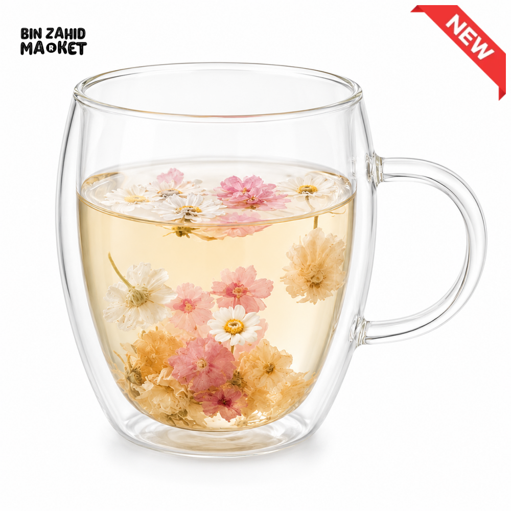 DOUBLE WALL FLORAL GLASS TEA MUG - 350 ML