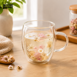 DOUBLE WALL FLORAL GLASS TEA MUG - 350 ML
