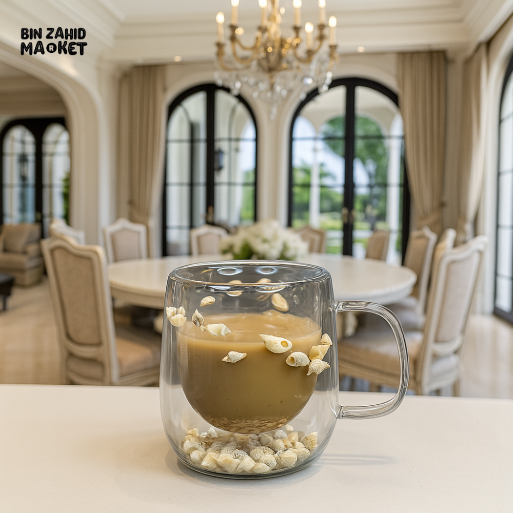 DOUBLE WALL GLASS MUG 250ML – SEASHELL DESIGN | LUXURY COFFEE CUP FOR HOT & COLD DRINKS