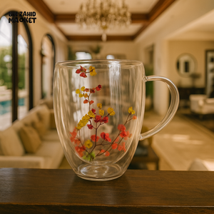 DOUBLE WALL GLASS MUG WITH DRIED FLOWER DESIGN 330ML RXG 040