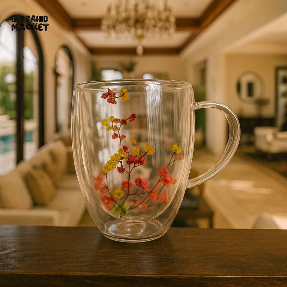 DOUBLE WALL GLASS MUG WITH DRIED FLOWER DESIGN 330ML RXG 040
