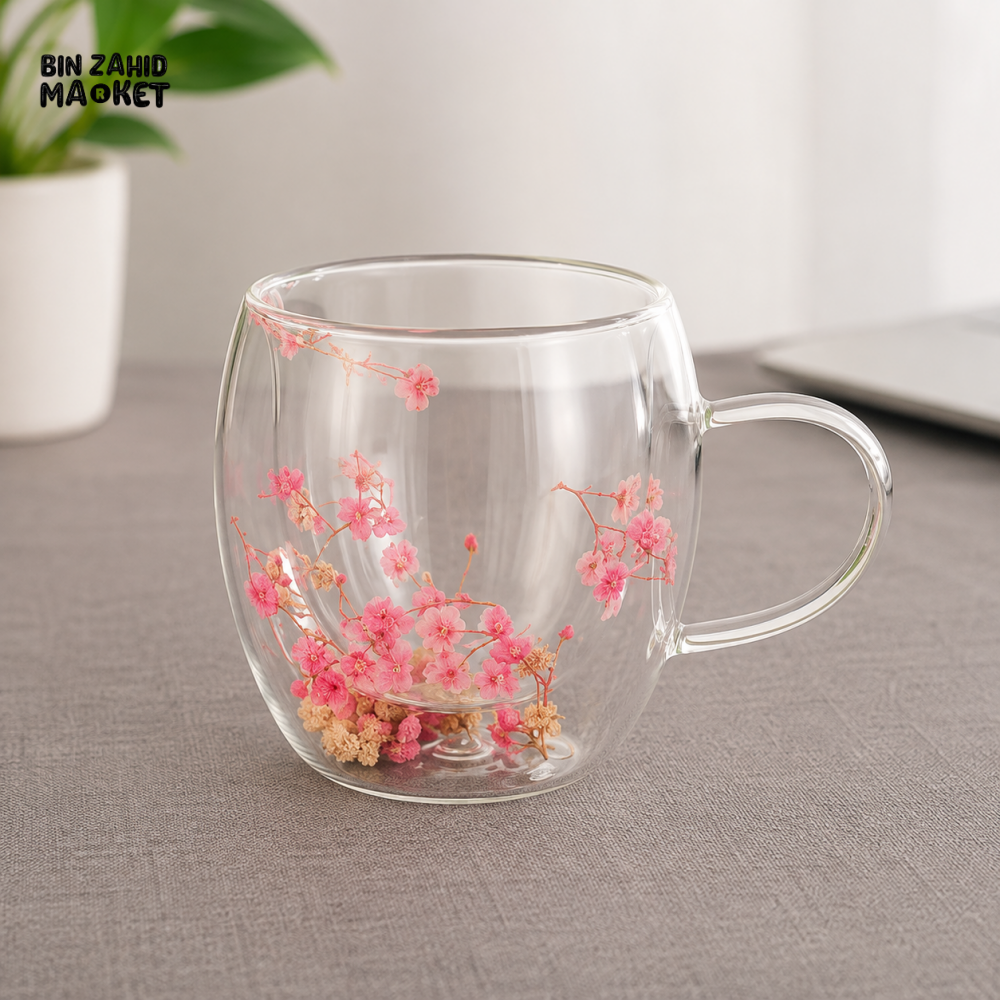 DOUBLE WALL GLASS MUG WITH PINK FLORAL DESIGN