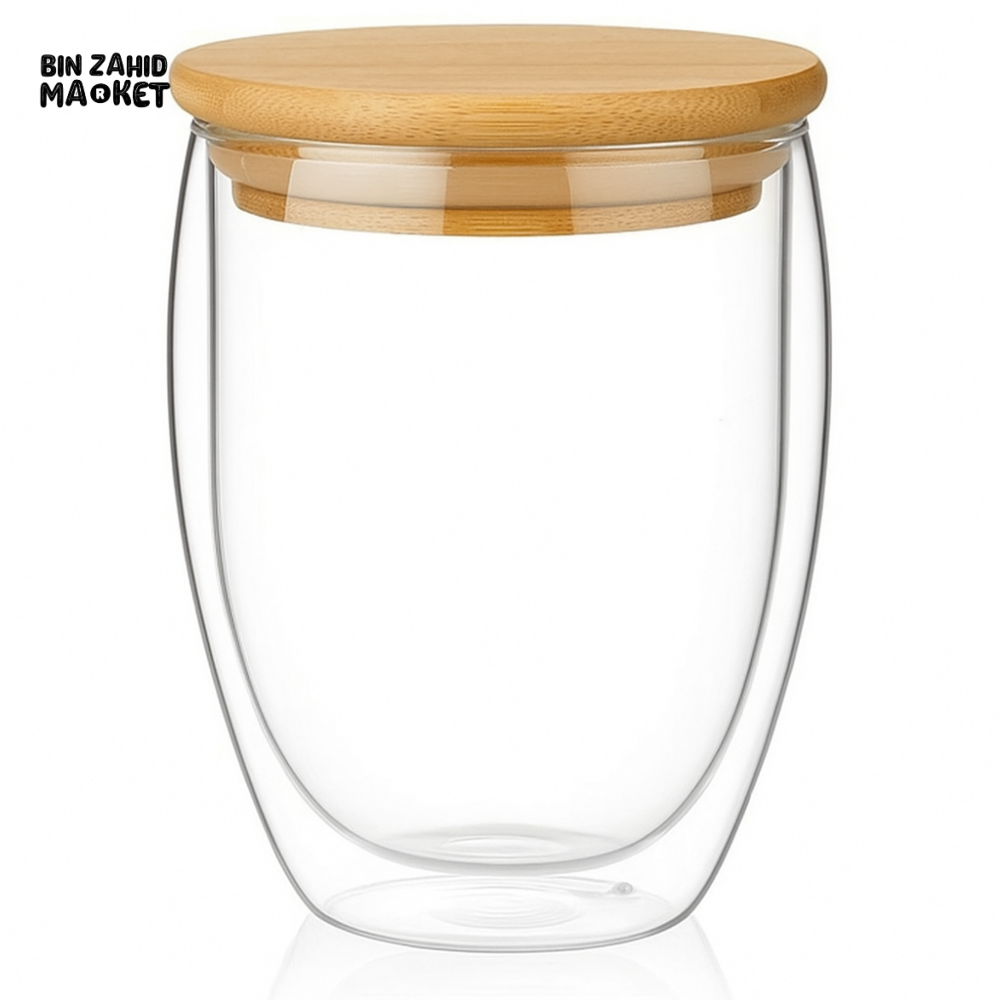 Double-Walled Glass Coffee Cup with Wooden Lid