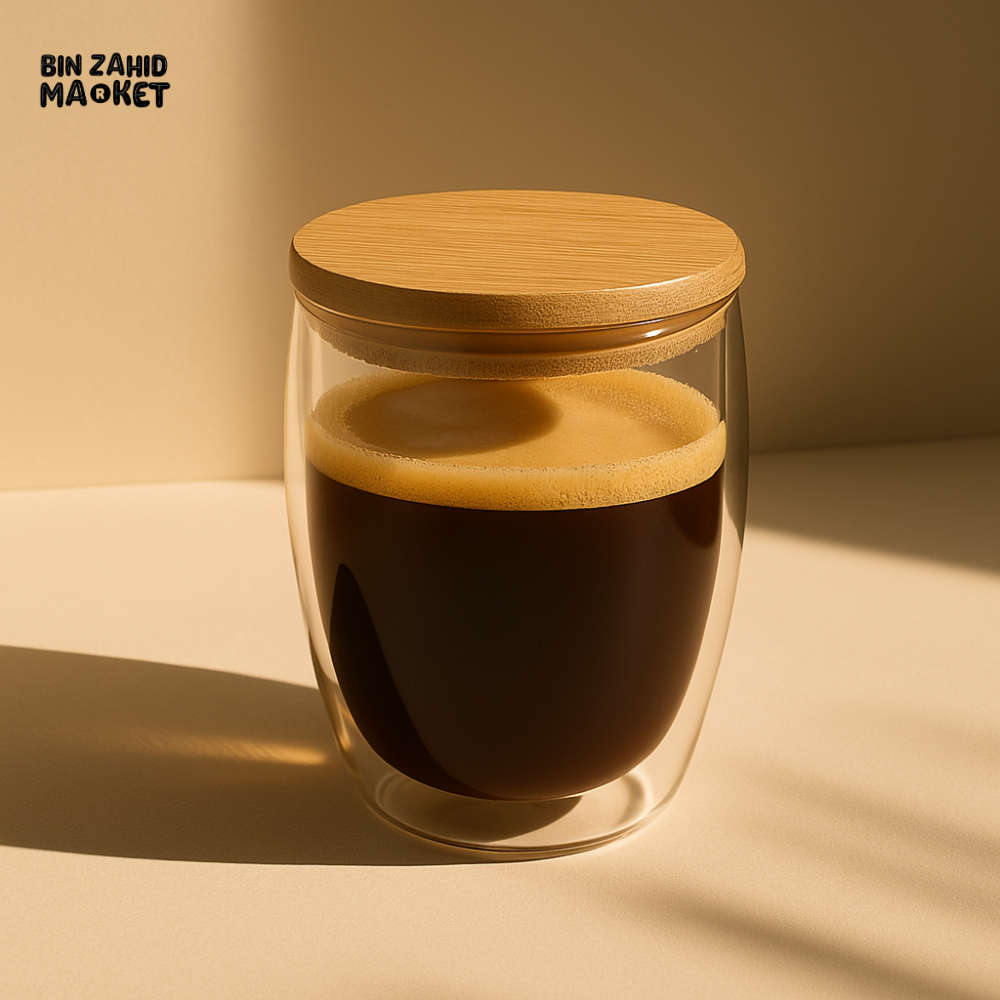 Double-Walled Glass Coffee Cup with Wooden Lid