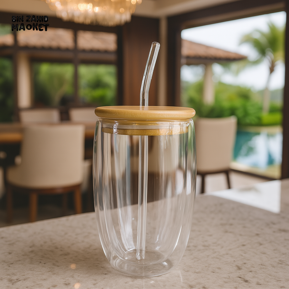 DOUBLE WALLED GLASS TUMBLER WITH BAMBOO LID & STRAW – LUXURY REUSABLE CUP FOR JUICE, COFFEE & SMOOTHIES