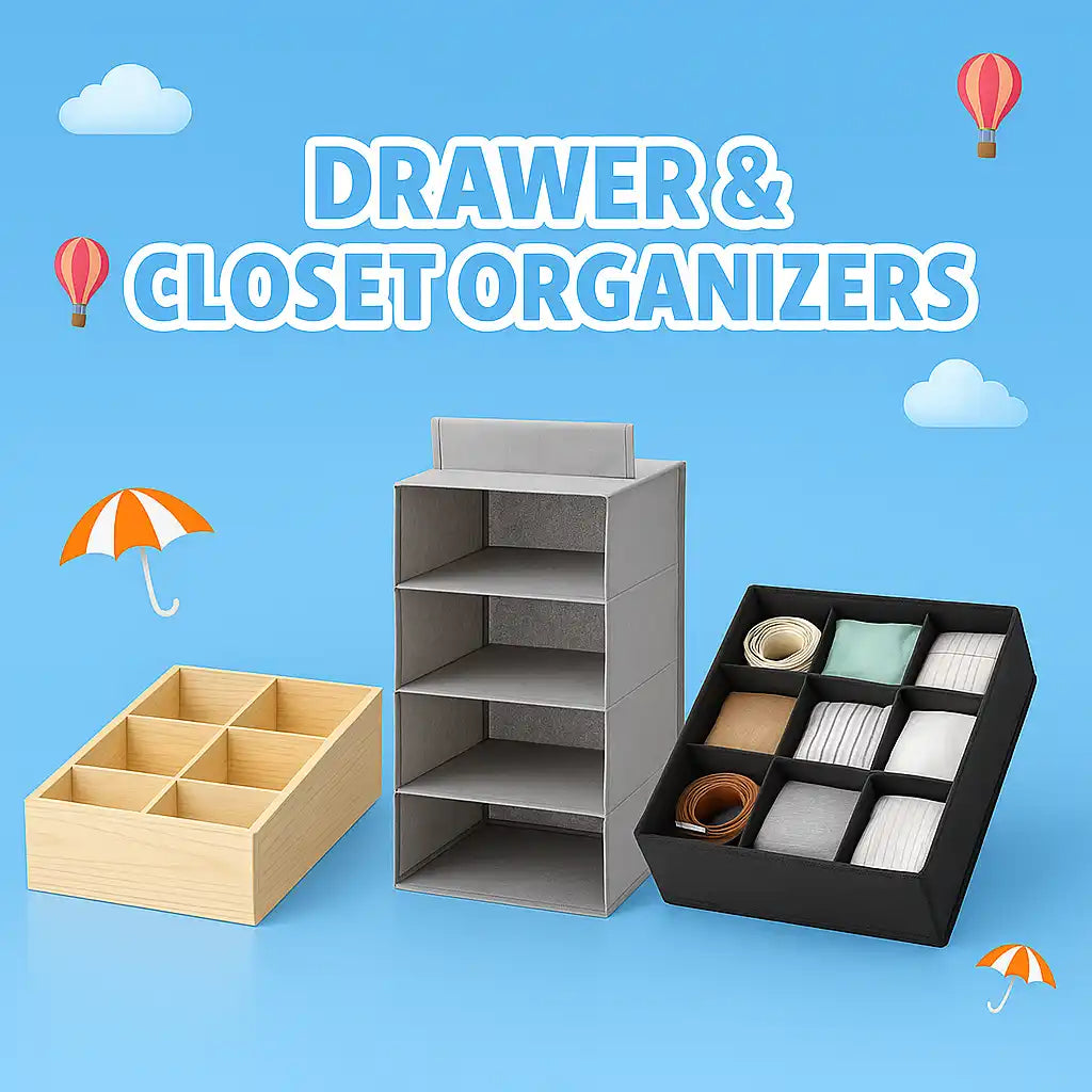 Various drawer and closet organizers.