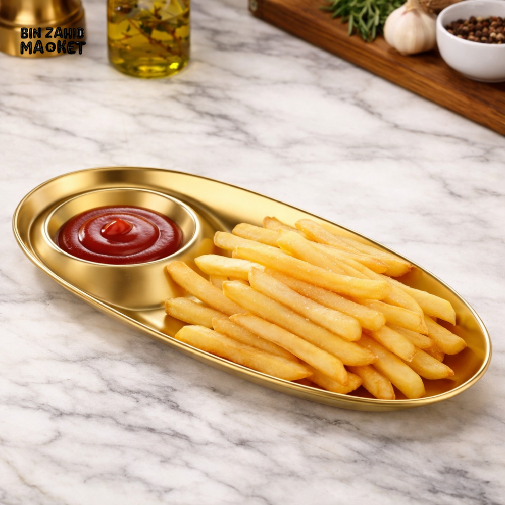 DUAL-COMPARTMENT GOLD SNACK TRAY – STAINLESS STEEL FRIES & DIP SERVING PLATE