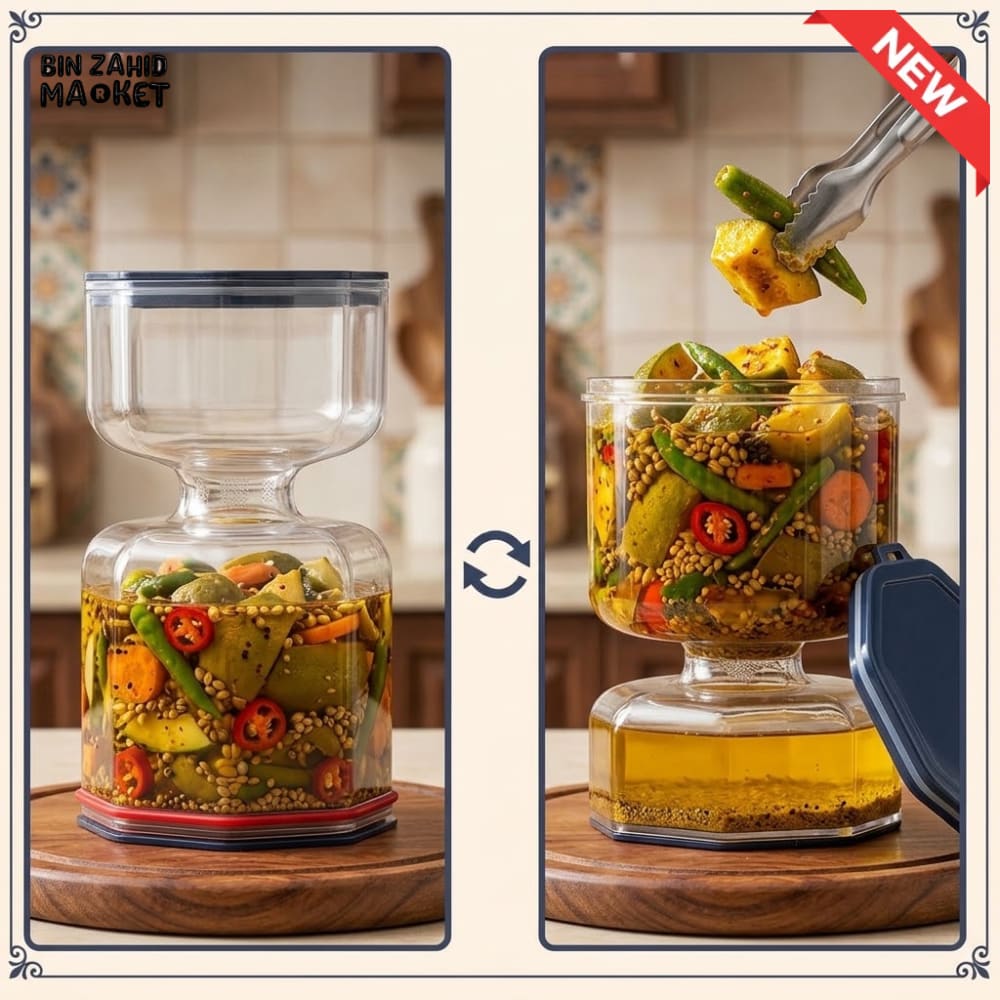 DUAL-COMPARTMENT HOURGLASS PICKLE & KIMCHI JAR WITH STRAINER SEPARATOR