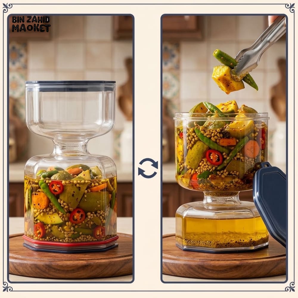DUAL-COMPARTMENT HOURGLASS PICKLE & KIMCHI JAR WITH STRAINER SEPARATOR