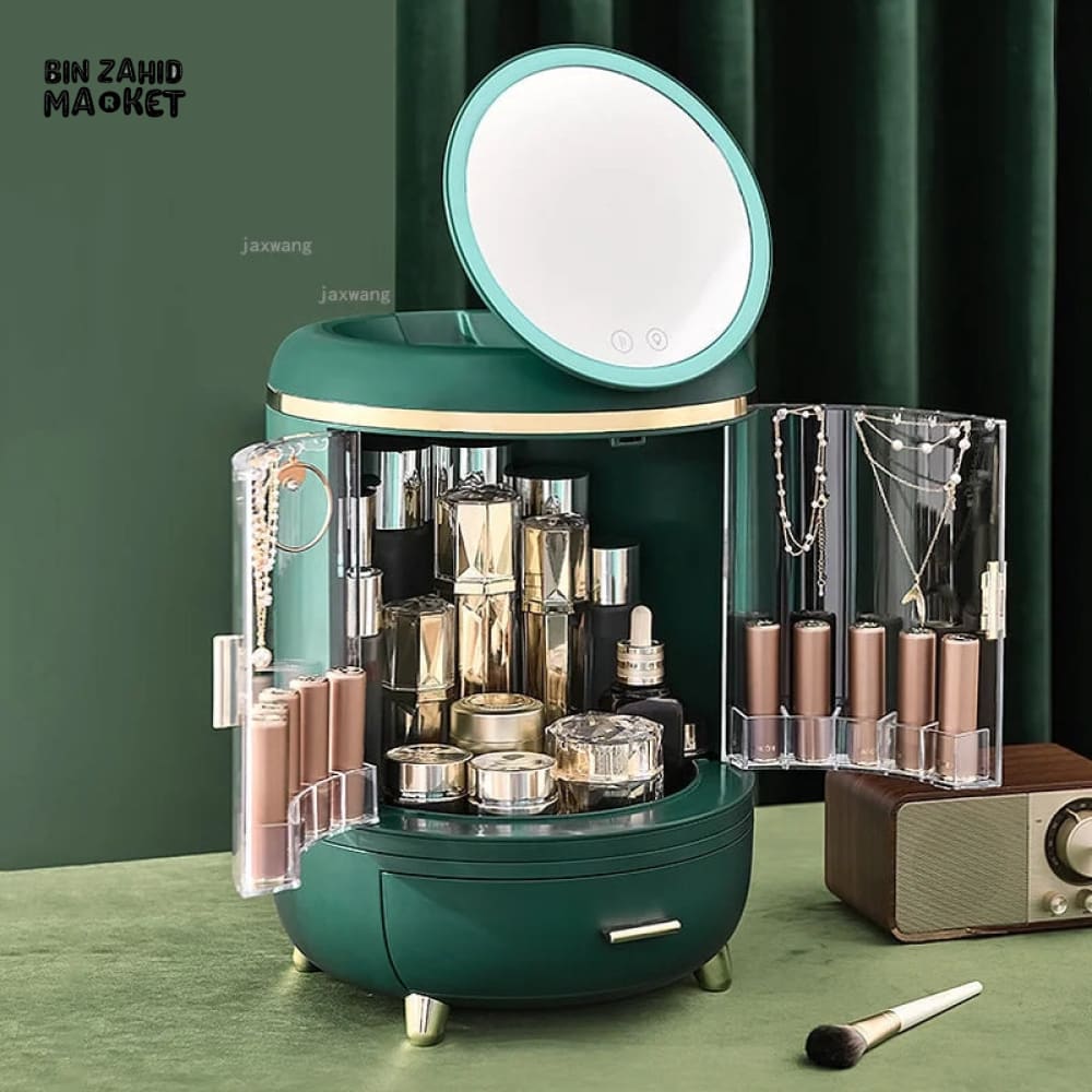 DUAL DOOR COSMETIC ORGANIZER WITH LED MIRROR Green