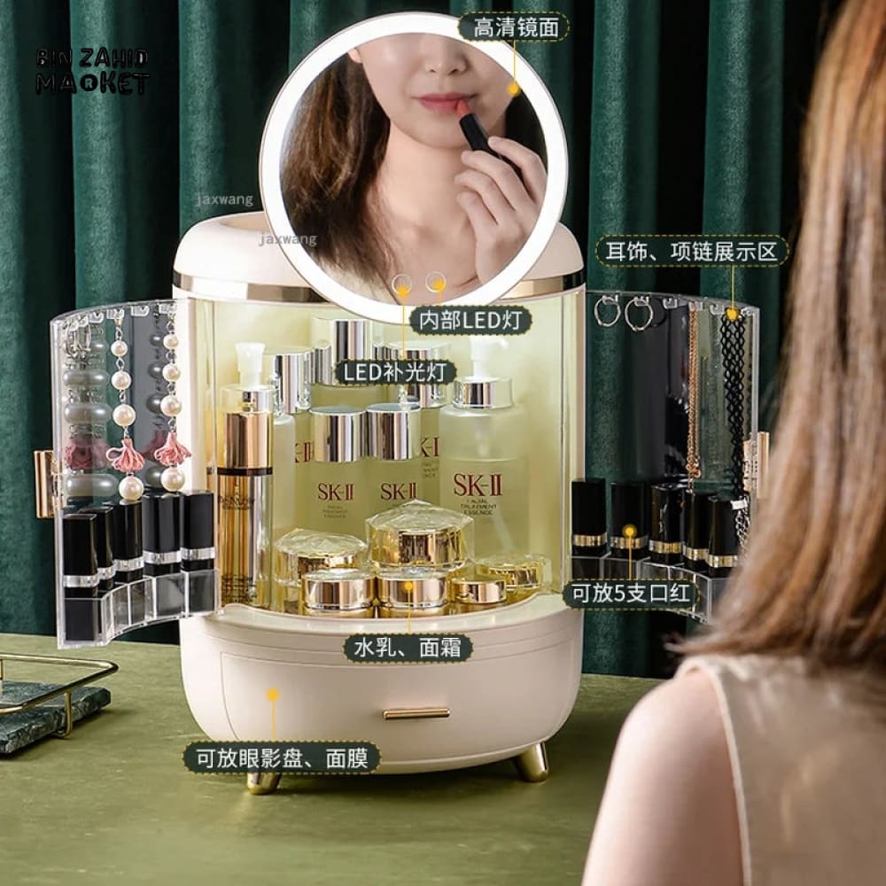 DUAL DOOR COSMETIC ORGANIZER WITH LED MIRROR White