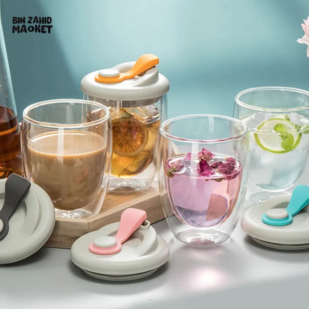 DUAL LAYER TRAVEL GLASS MUG WITH LID