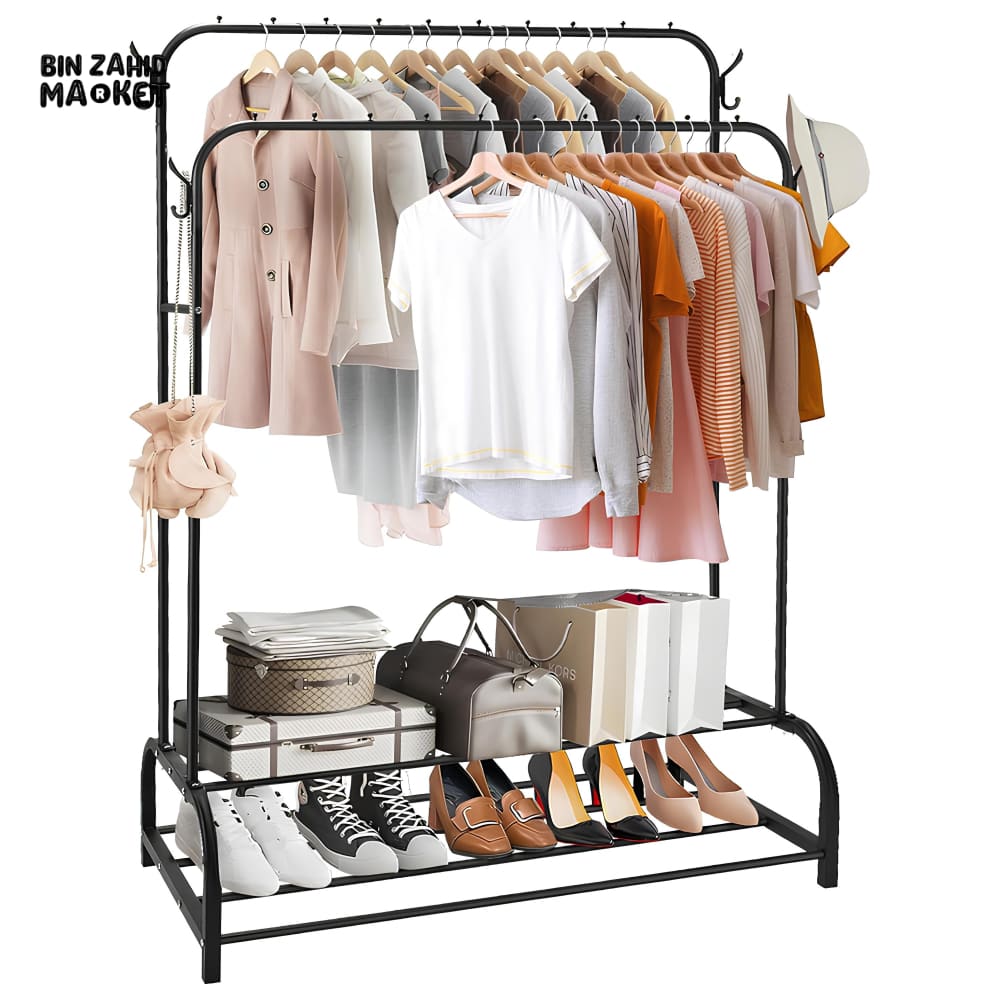 DUAL POLE METAL CLOTHES STAND – WITH DUAL SHOE TIERS & SIDE HOOKS