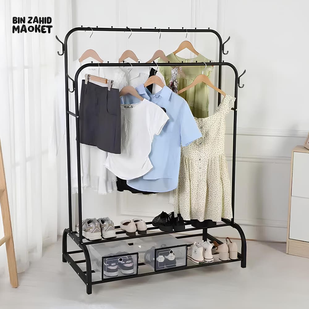DUAL POLE METAL CLOTHES STAND – WITH DUAL SHOE TIERS & SIDE HOOKS