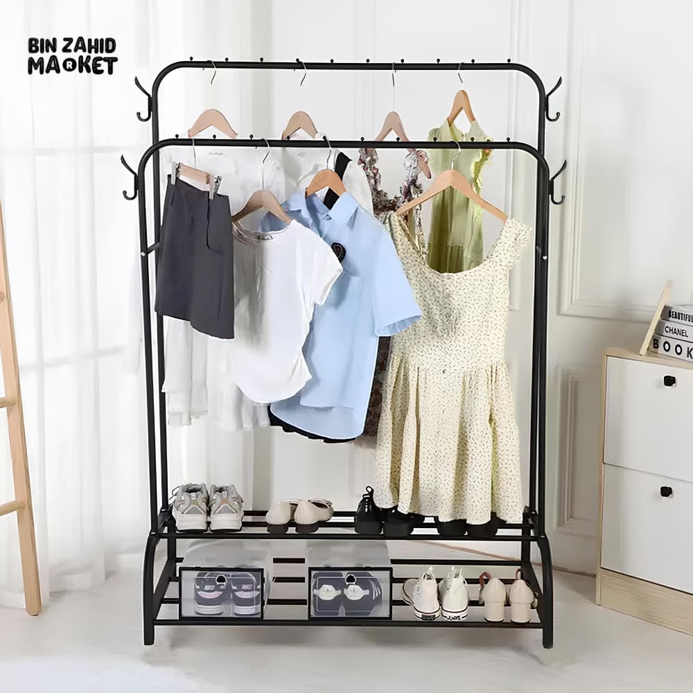 DUAL POLE METAL CLOTHES STAND – WITH DUAL SHOE TIERS & SIDE HOOKS