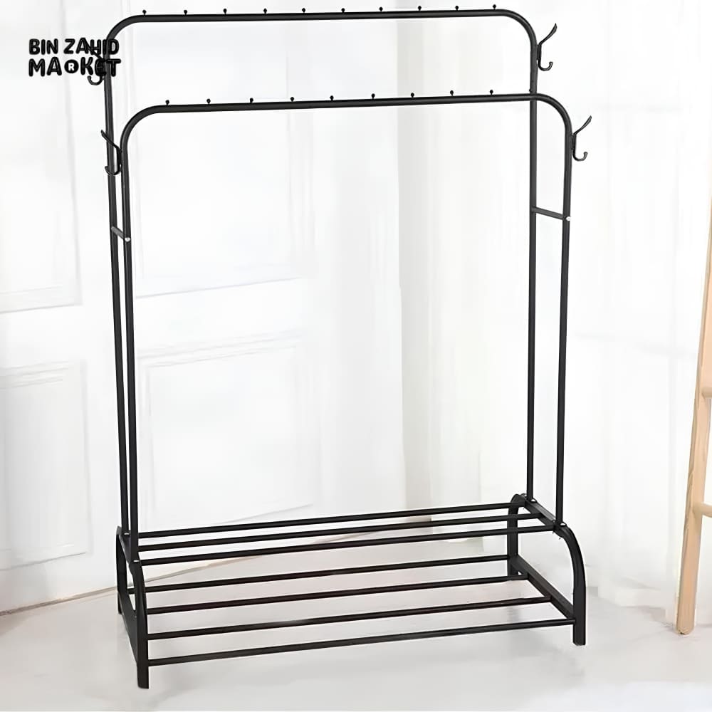 DUAL POLE METAL CLOTHES STAND – WITH DUAL SHOE TIERS & SIDE HOOKS