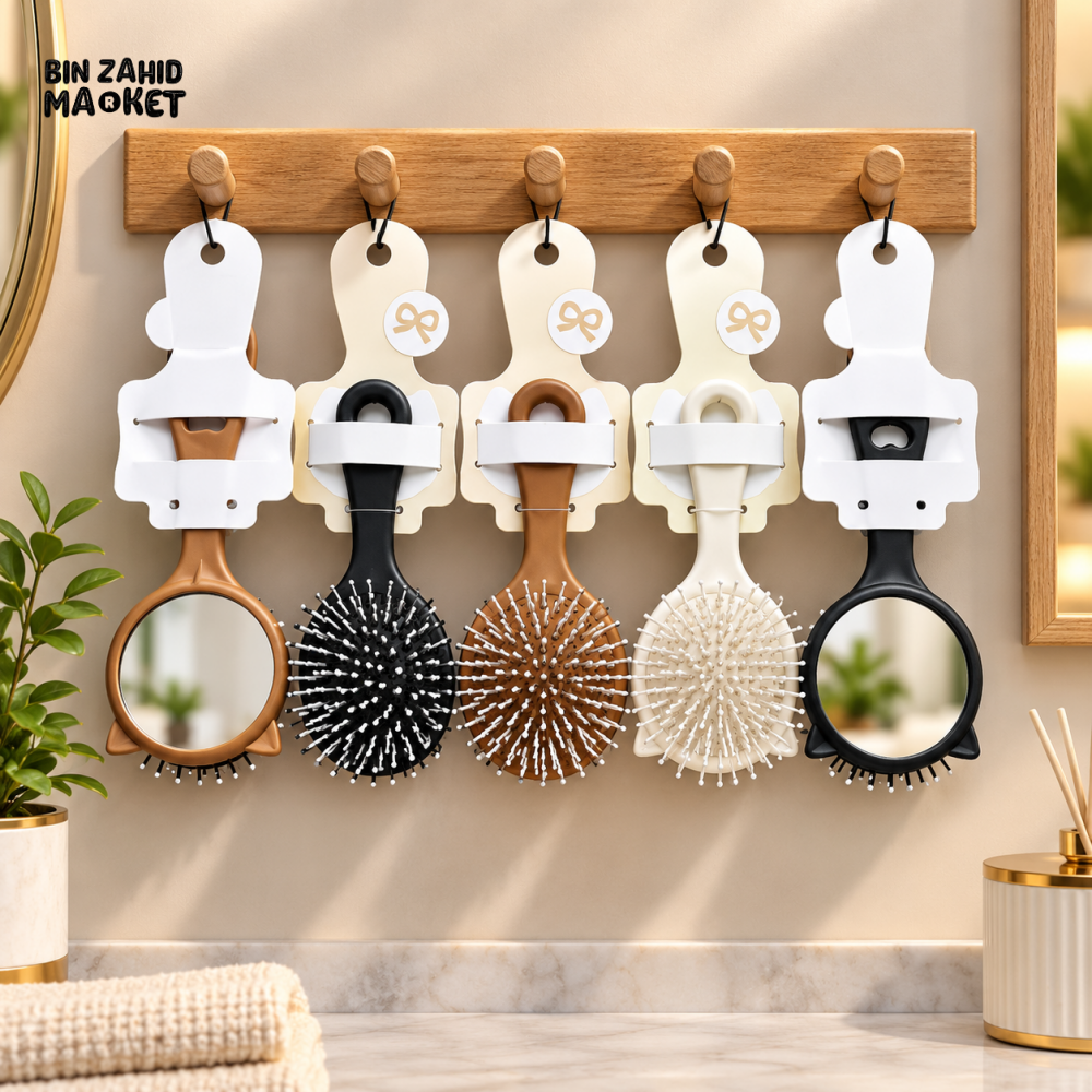 DUAL-SIDED HAIR BRUSH WITH HAND MIRROR - 1 PIECE