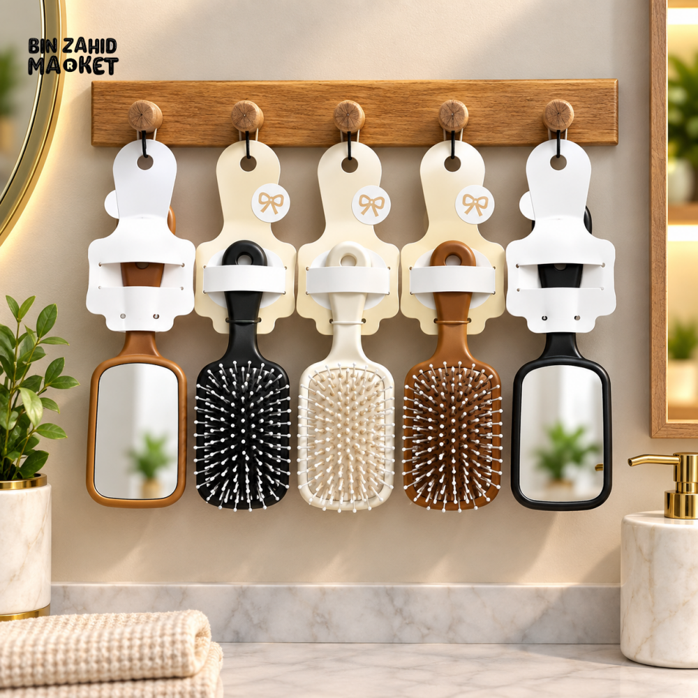 DUAL-SIDED PADDLE HAIR BRUSH WITH HAND MIRROR - 1 PIECE