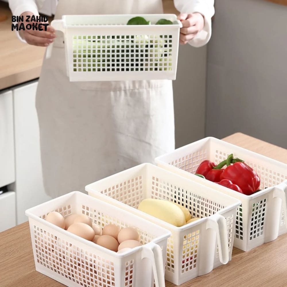 DURABLE PLASTIC STORAGE BASKET WITH HANDLE – PERFECT FOR KITCHEN & PANTRY ORGANIZATION