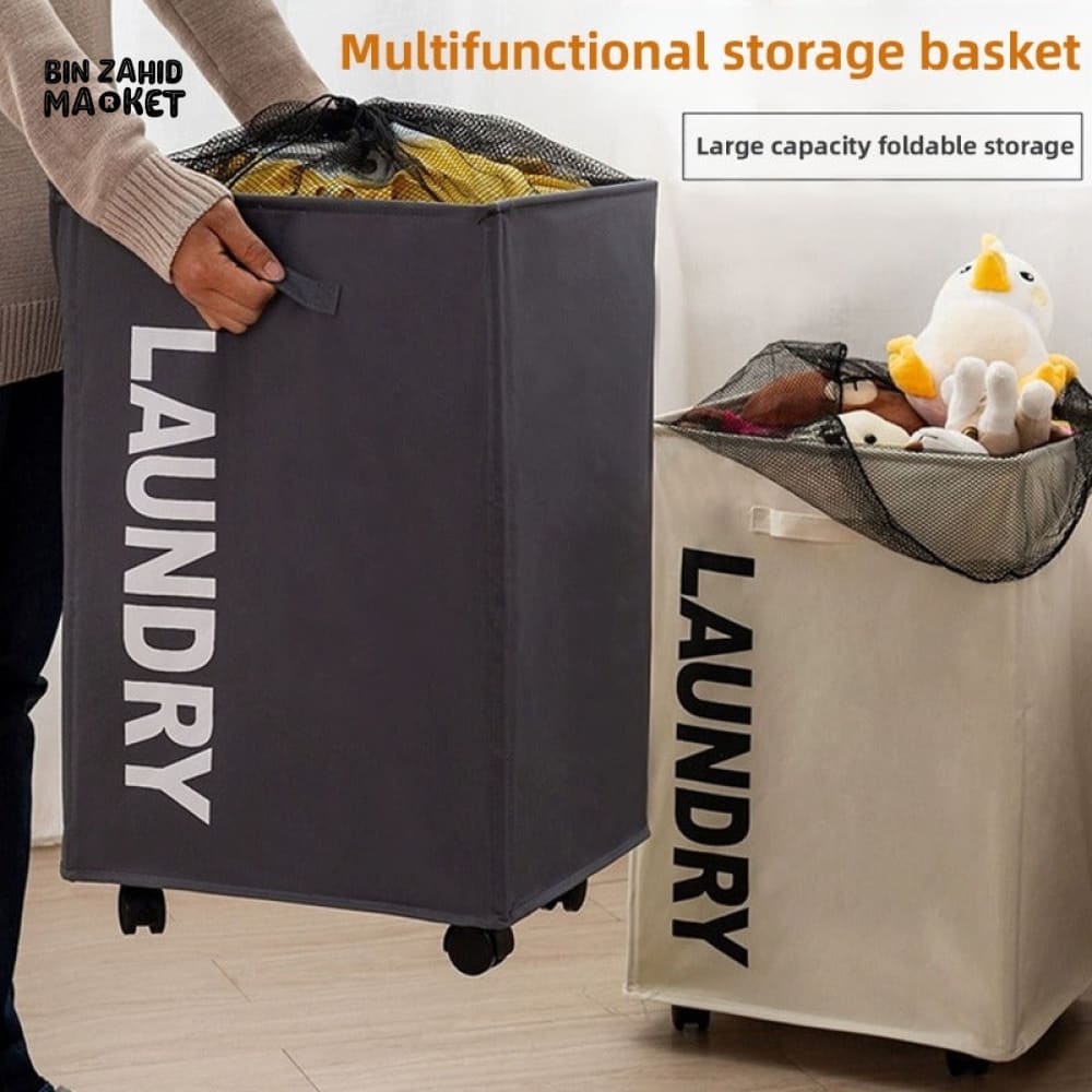 DUSTPROOF FOLDABLE LAUNDRY BASKET WITH WHEELS – LARGE CAPACITY WATERPROOF STORAGE BIN