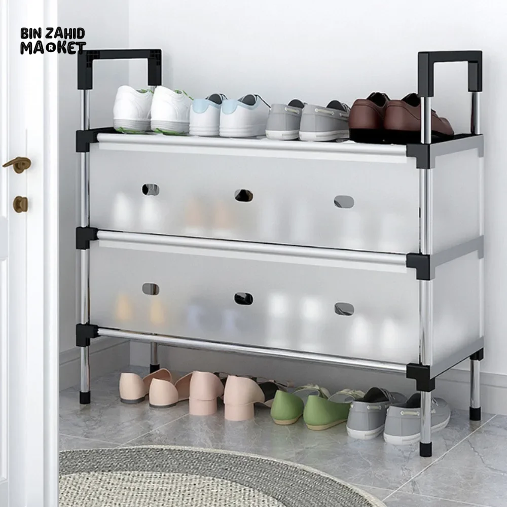 DUSTPROOF SHOE ORGANIZER RACK HEAVY DUTY STORAGE STAND FOR SHOES HEELS TOYS & MORE – HALLWAY DORM & GARAGE - 3 LAYER