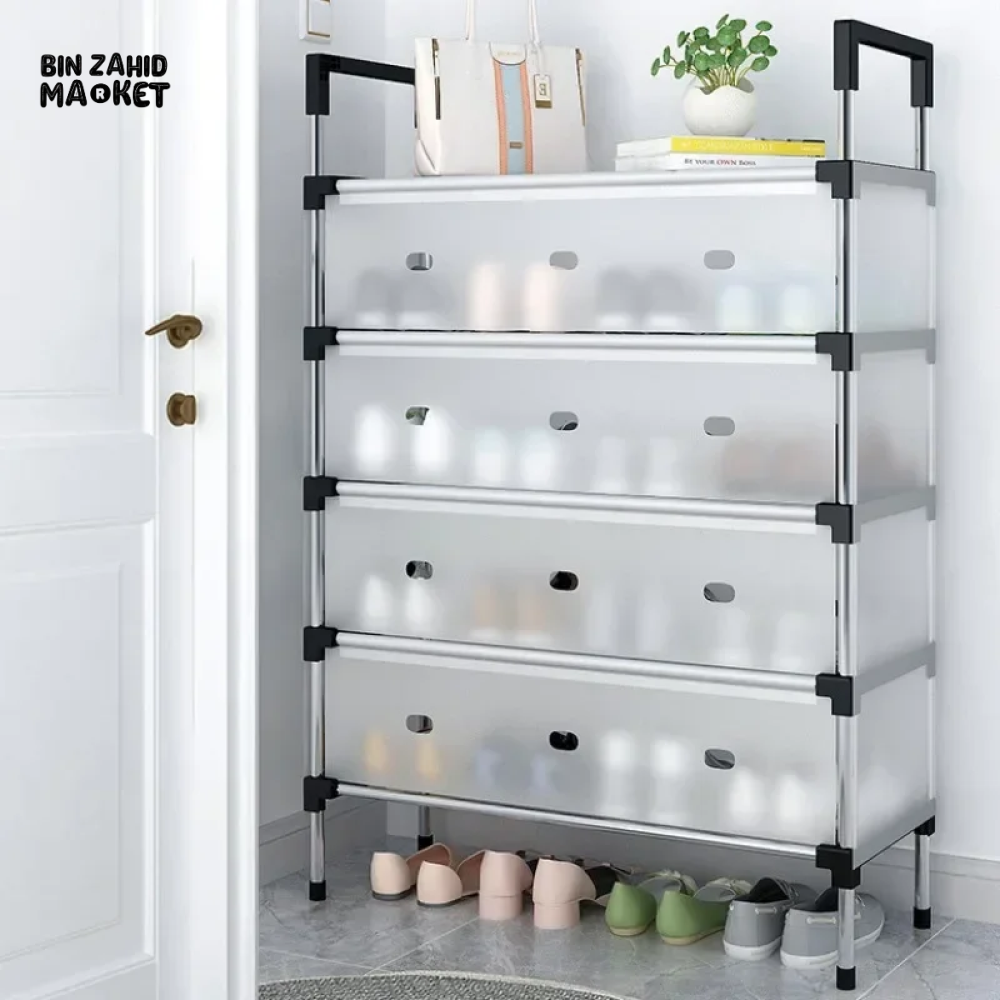 DUSTPROOF SHOE ORGANIZER RACK HEAVY DUTY STORAGE STAND FOR SHOES HEELS TOYS & MORE – HALLWAY DORM & GARAGE - 4 LAYER