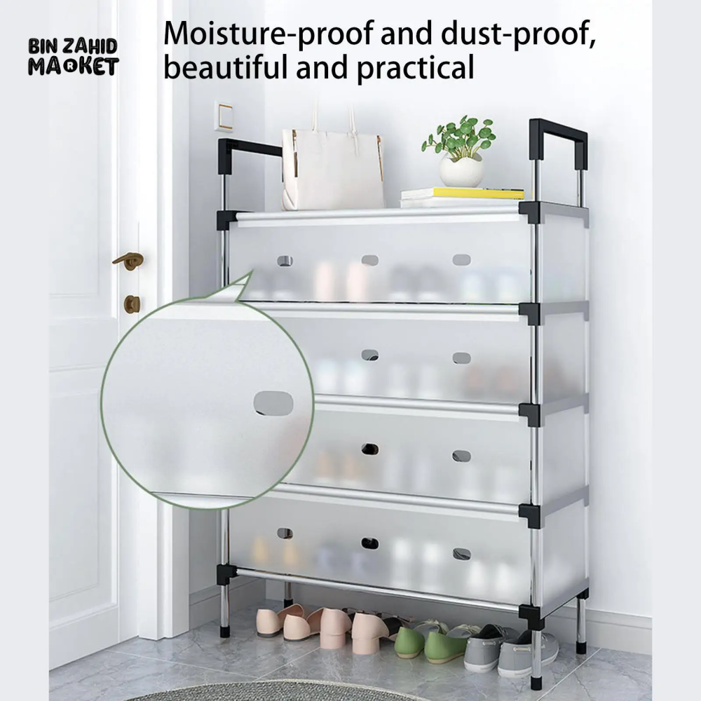 DUSTPROOF SHOE ORGANIZER RACK HEAVY DUTY STORAGE STAND FOR SHOES HEELS TOYS & MORE – HALLWAY DORM & GARAGE - 4 LAYER