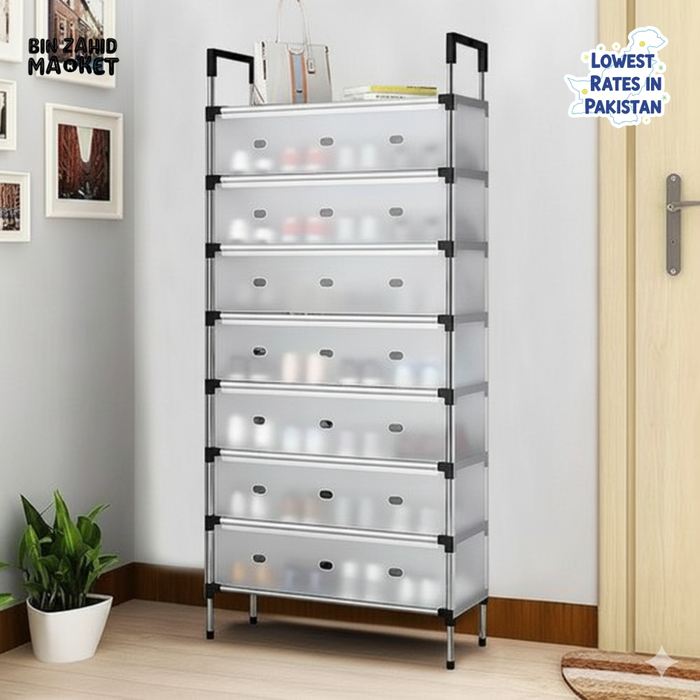 DUSTPROOF SHOE ORGANIZER RACK HEAVY DUTY STORAGE STAND FOR SHOES HEELS TOYS & MORE – HALLWAY DORM & GARAGE - 8 LAYER