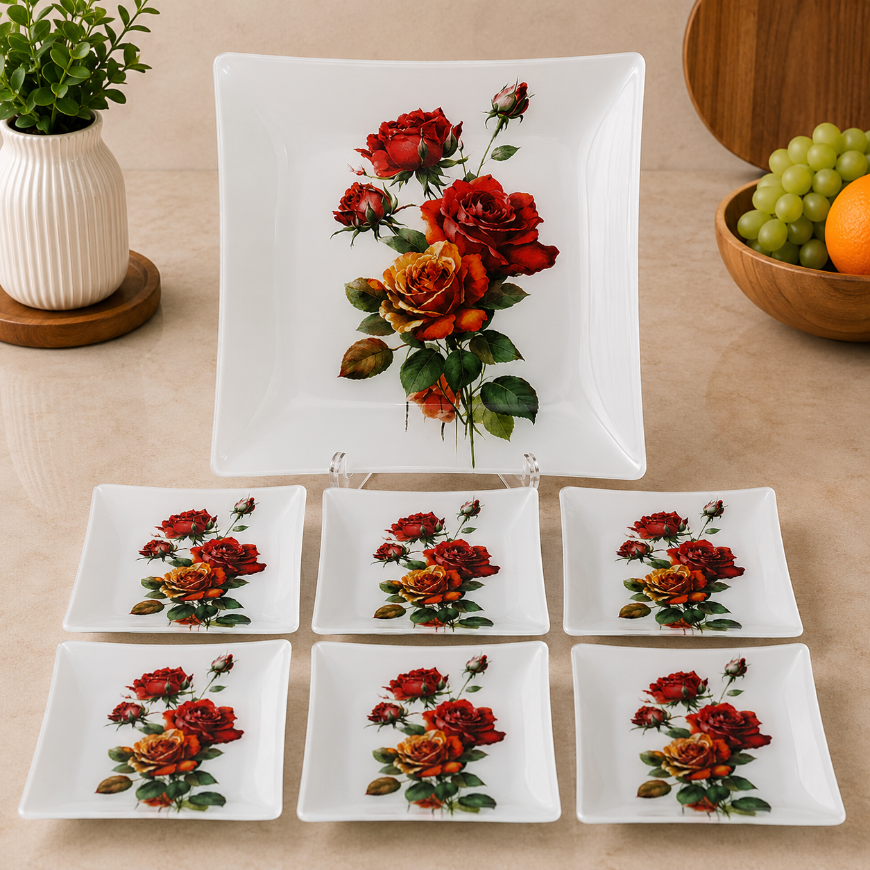 ARCOFAM ELEGANT ROSE GLASS SERVING 7 PIECE PLATE SET - ELIZEH