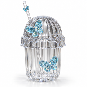 Glasslux Ribbed Butterfly Dome Cup With Straw - Blue / 400 ml