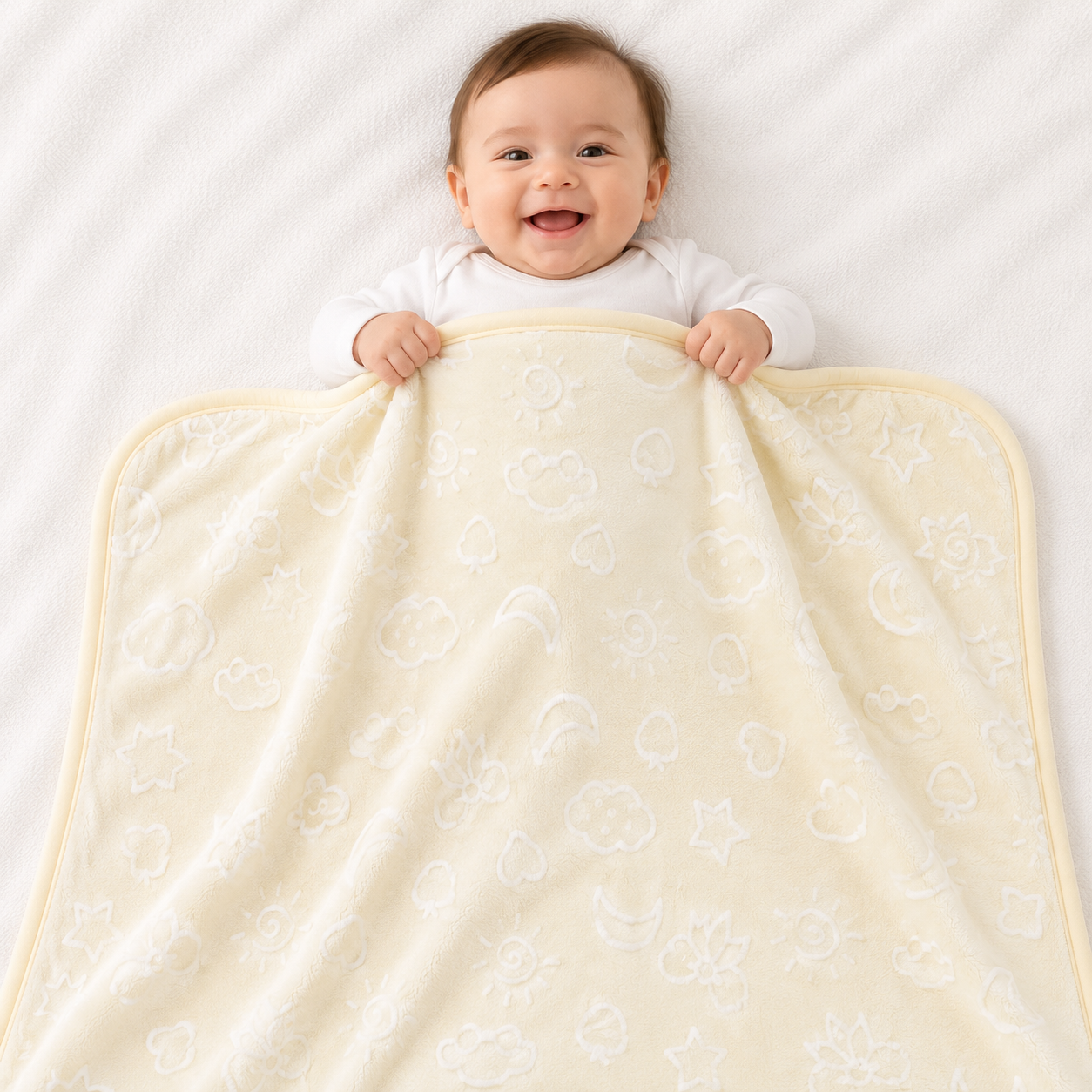 HAPPIMUMS BABY PLUSH SLEEPING BLANKET DOUBLE PLY CLOUD & BOW 110 x 80 - CREAM