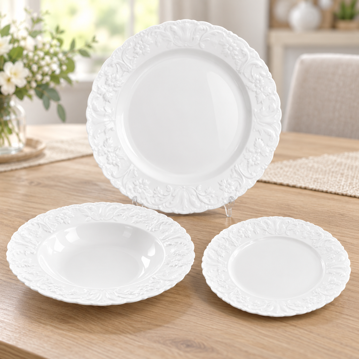 Danny Home 24-Piece White Embossed Dinner Set