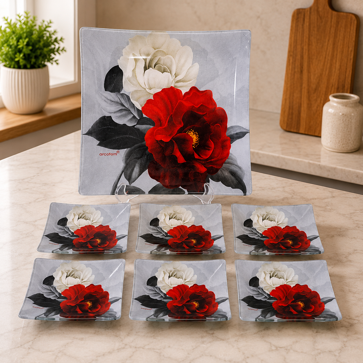 ARCOFAM SQUARE GLASS SERVING PLATE SET – SADAF