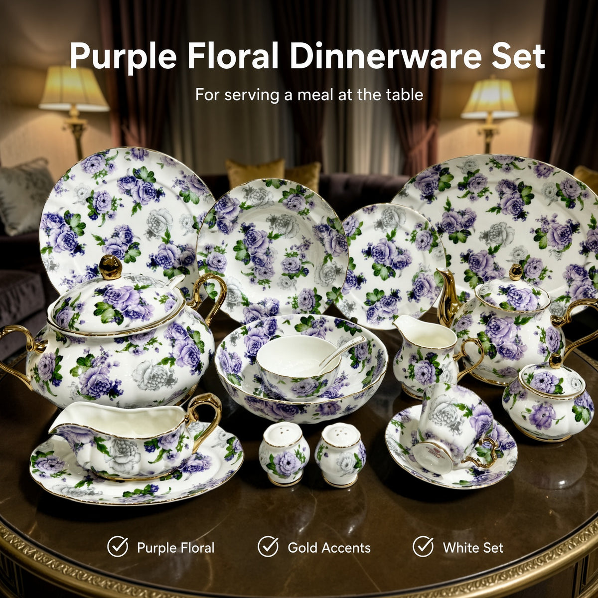 Royal Albert Inspired Purple & Green Floral Patterns With Gold Accents 75 Pieces 8 Persons Serving Bone China Dinner Set