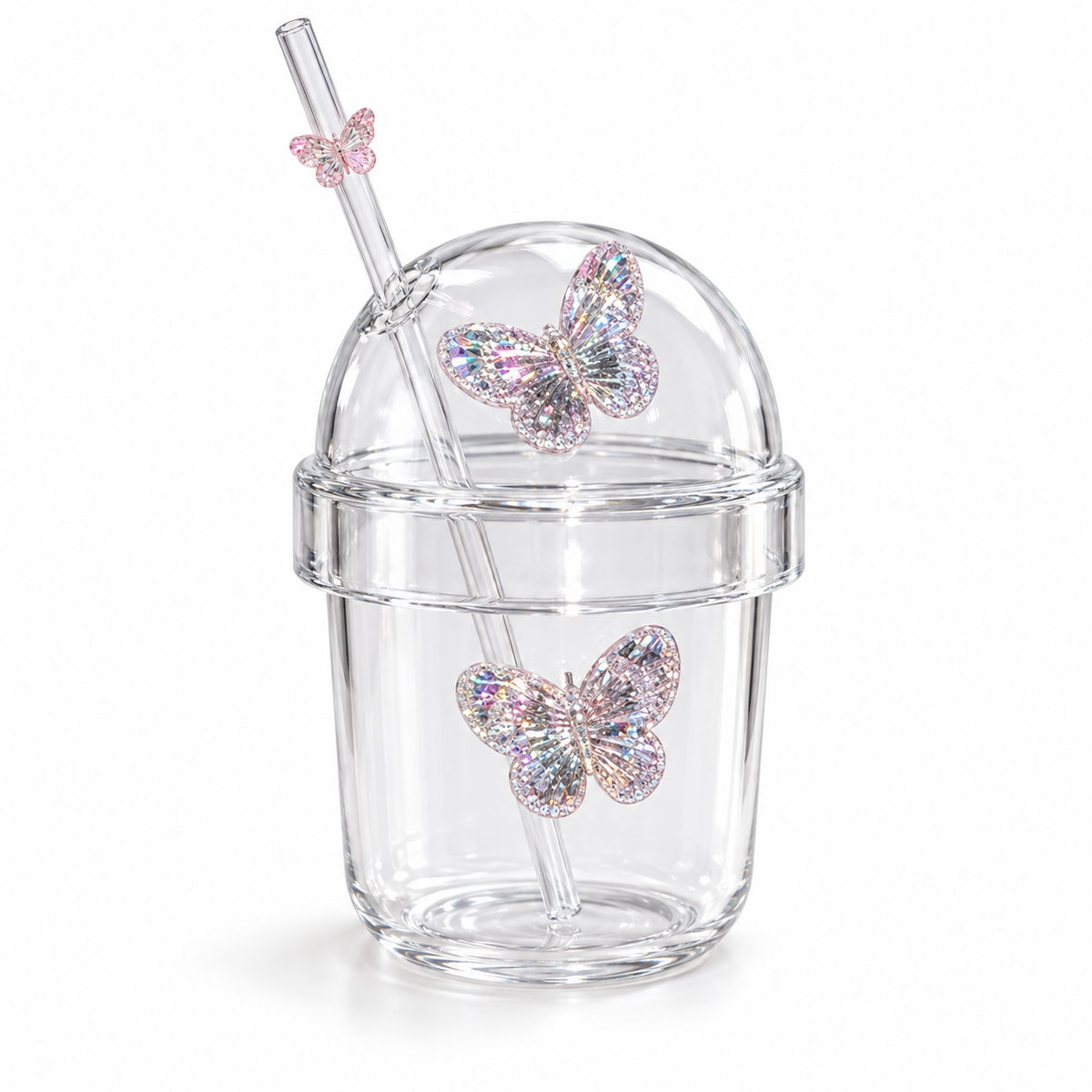 Glasslux Butterfly Dome Cup With Straw - Pink / 400 ml