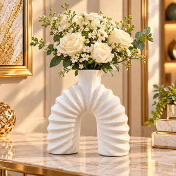 WHITE ARCH SHAPE RIBBED TEXTURE DECORATIVE VASE - SMALL
