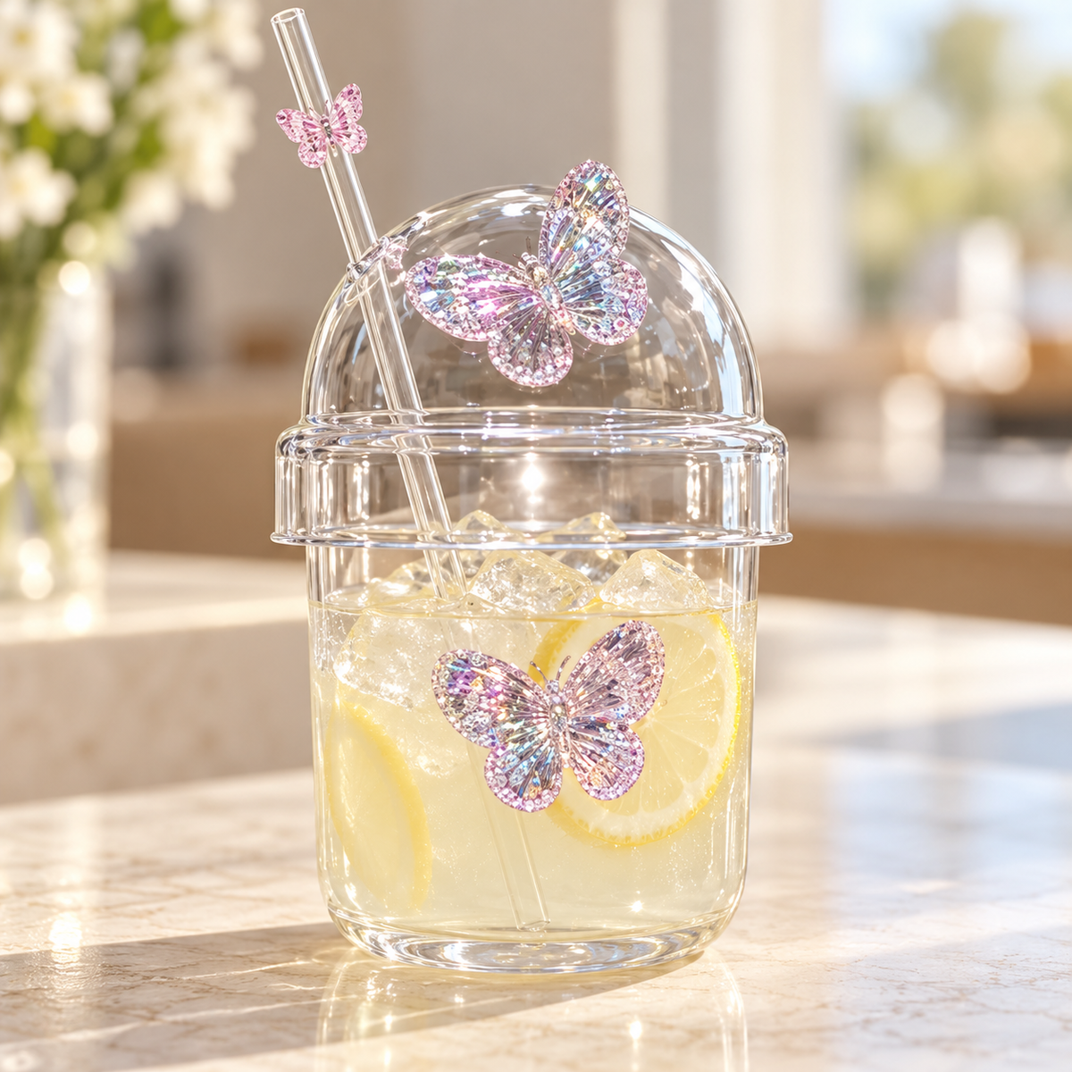 Glasslux Butterfly Dome Cup With Straw - Pink / 400 ml