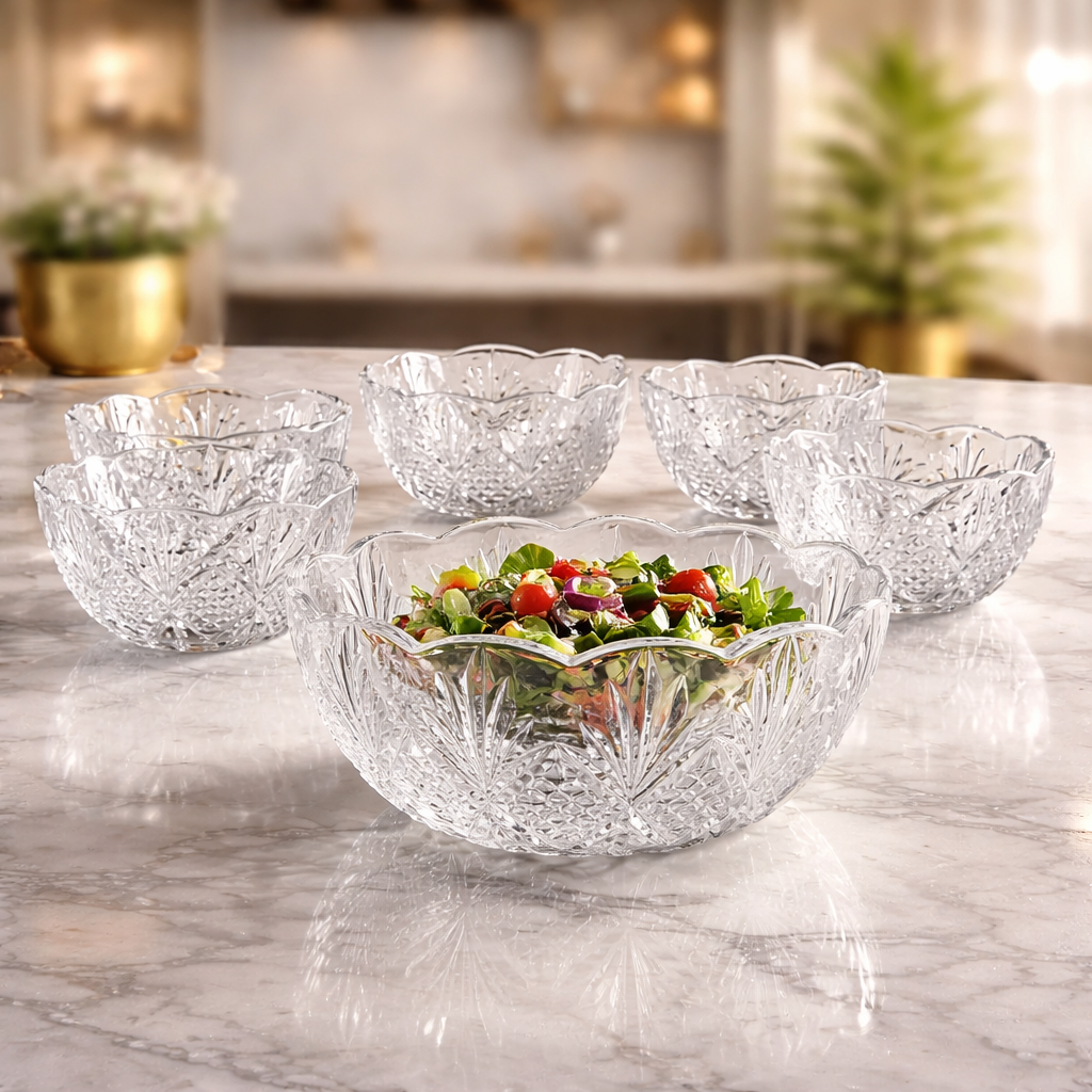 DANNY HOME 7 PIECES CRYSTAL GLASS BOWL SET – 6 SMALL BOWLS WITH 1 LARGE SERVING BOWL -1988-168C