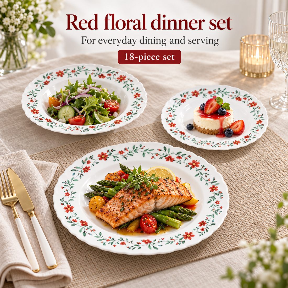 Danny Home Red Floral Dinner Set - 18 Pieces