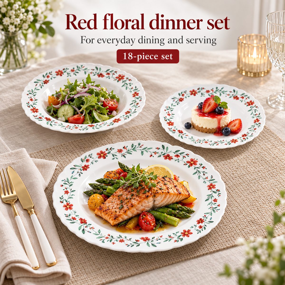 Danny Home Red Floral Dinner Set - 18 Pieces