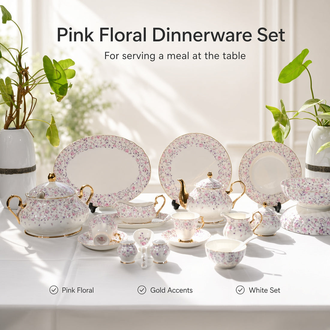 Royal Albert Inspired Pink Floral Patterns 75 Pieces 8 Persons Serving Dinner Set