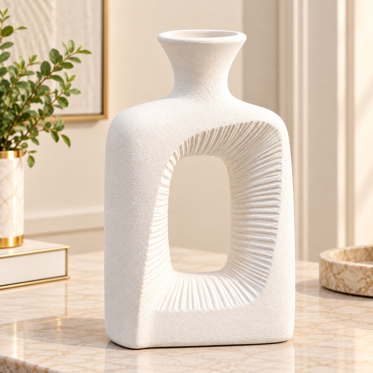 WHITE ABSTRACT OPEN CENTER DECORATIVE VASE - LARGE