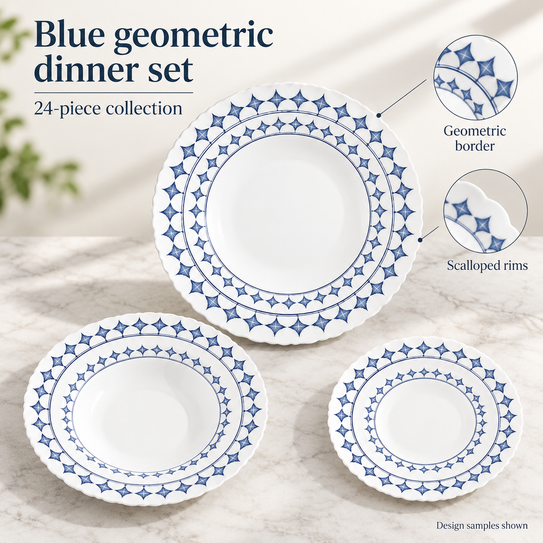 Danny Home 24-Piece Blue Geometric Dinner Set