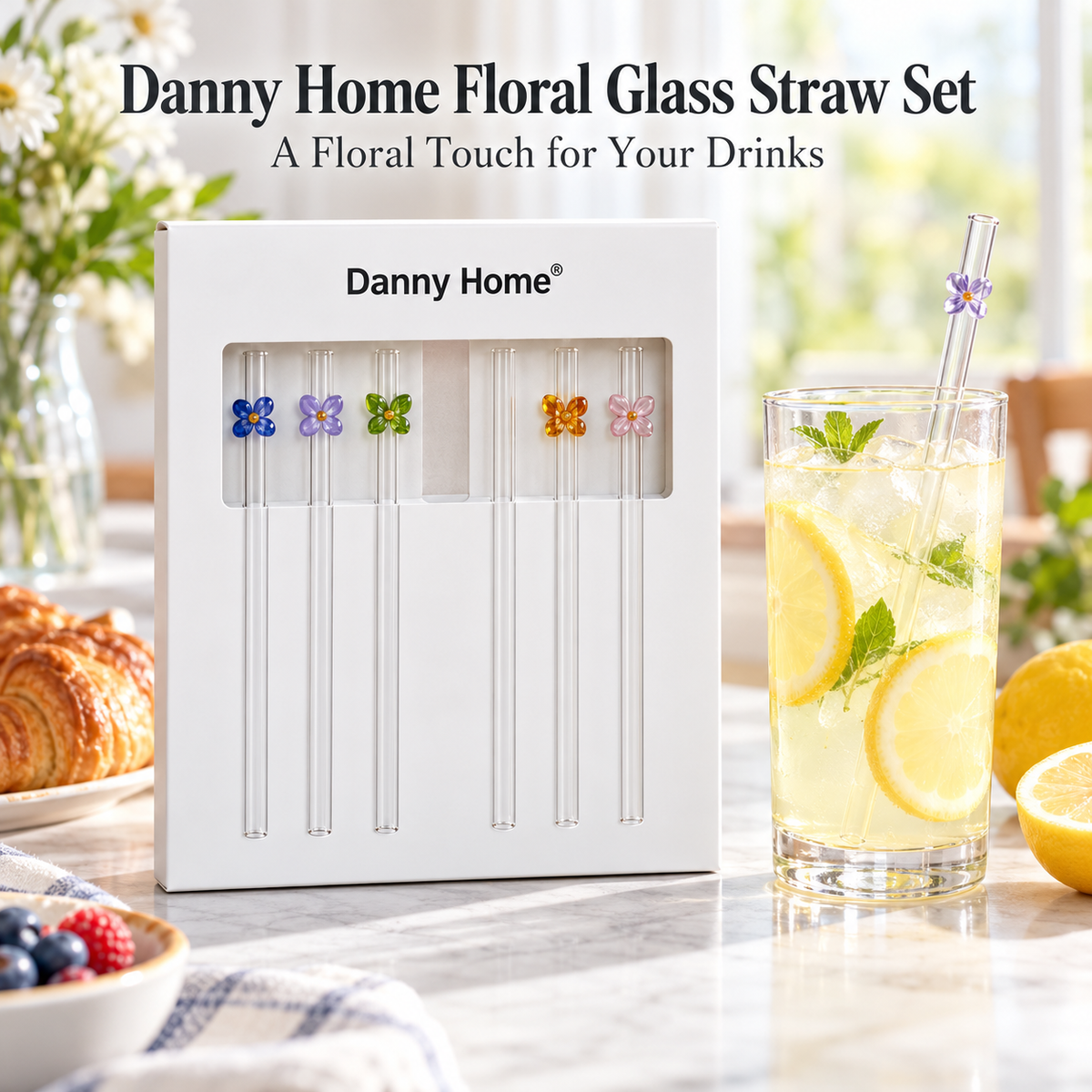 Danny Home 7 Piece Floral Glass Straw Set