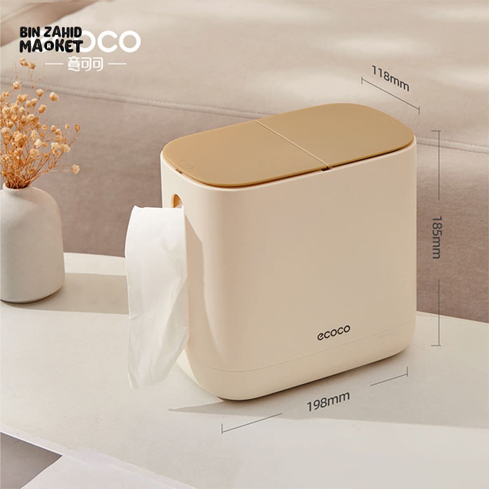 ECOCO 2-IN-1 TISSUE BOX & TRASH CAN – MULTIFUNCTION DESKTOP BIN FOR LIVING ROOM CREAM AESTHETIC HIGH-END LOOK