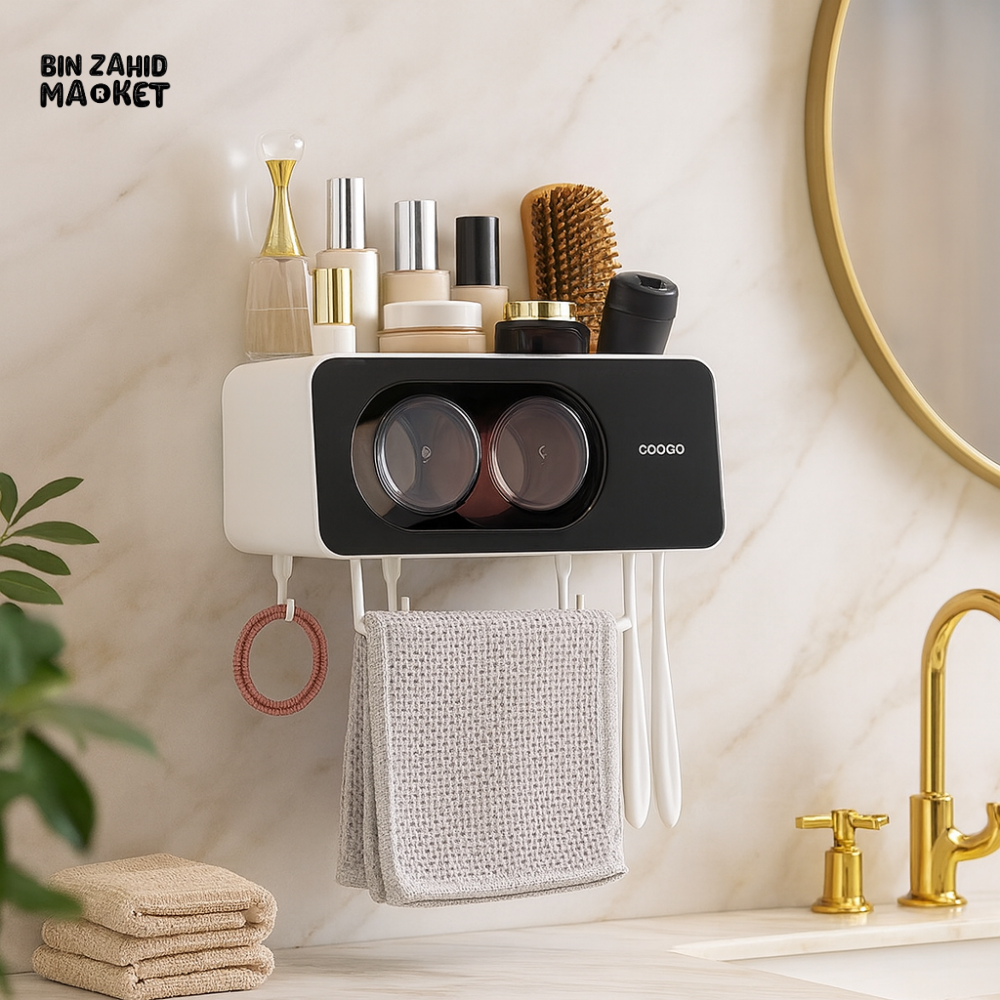 ECOCO BATHROOM STORAGE RACK – WALL-MOUNTED SHELF WITH TOOTHBRUSH HOLDER DUAL CUPS & HOOKS