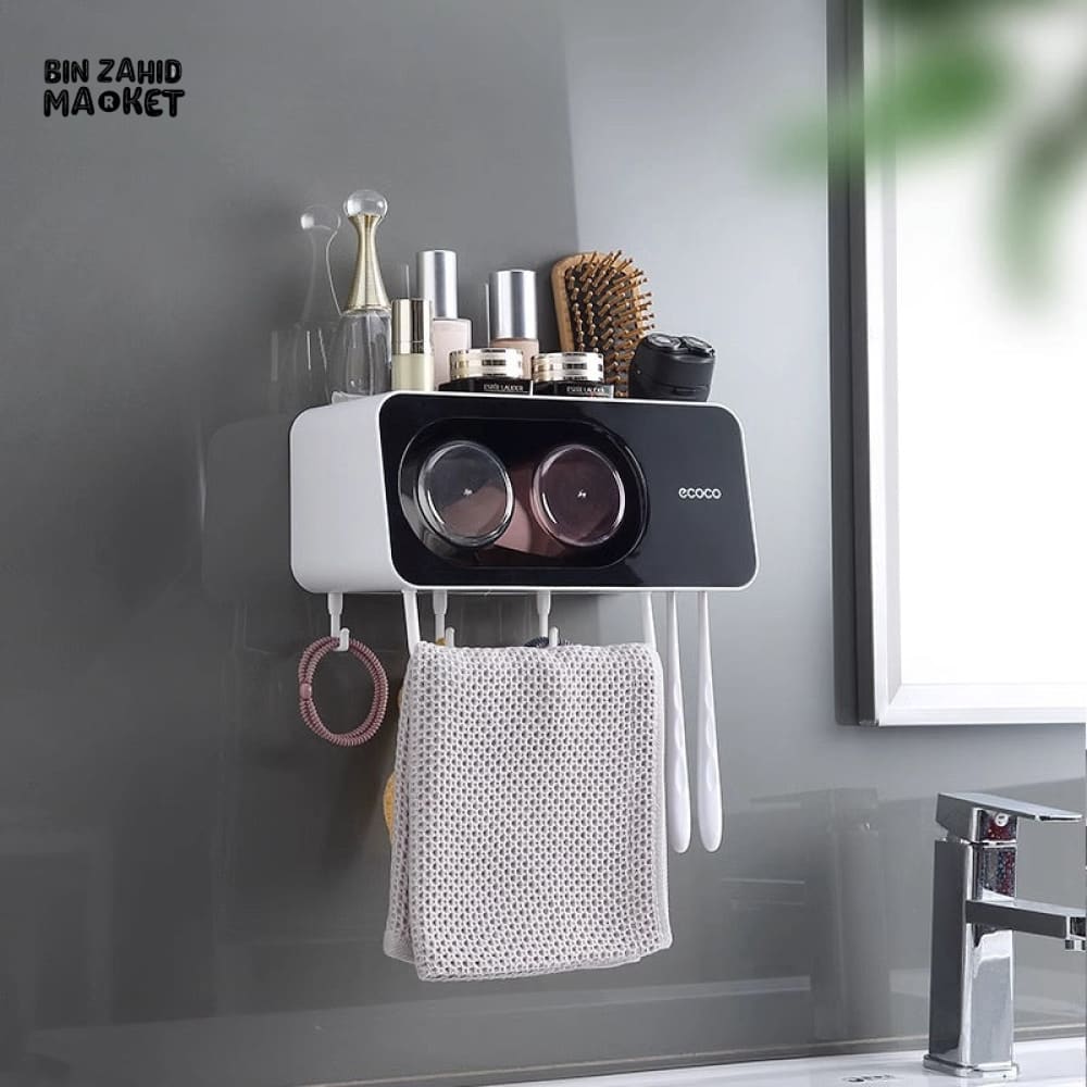 ECOCO BATHROOM STORAGE RACK – WALL-MOUNTED SHELF WITH TOOTHBRUSH HOLDER DUAL CUPS & HOOKS